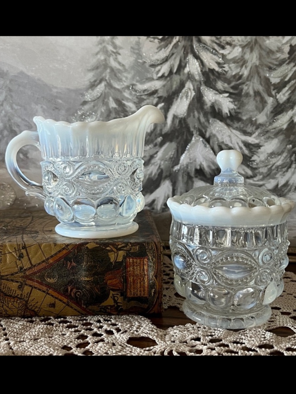 Mosser Glass “Eye Winker” Opalescent Creamer & Covered Sugar Set – UV Reactive